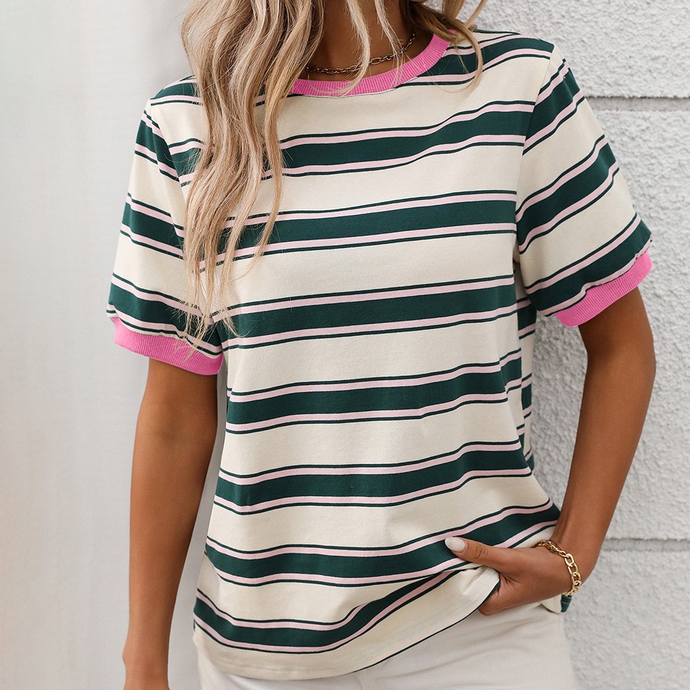Damen gestreiftes T-Shirt mit kurzen Ärmeln und lockerem Design für den Alltag - Bild 35 von 68