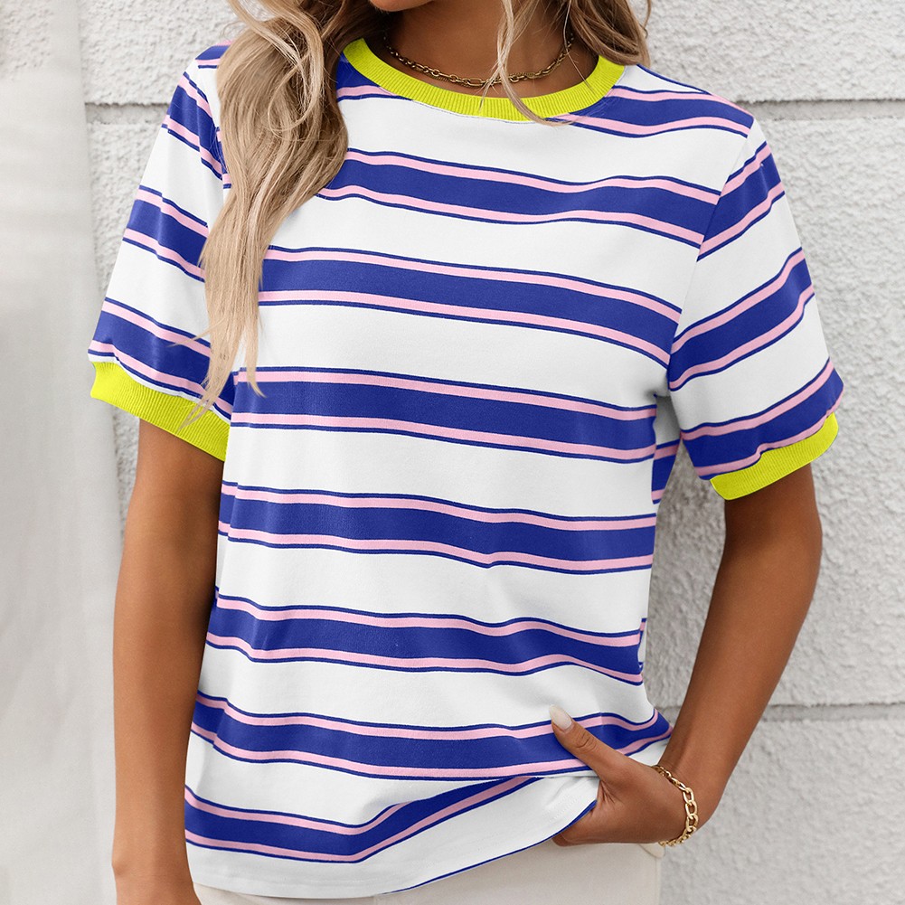 Damen gestreiftes T-Shirt mit kurzen Ärmeln und lockerem Design für den Alltag - Bild 45 von 68