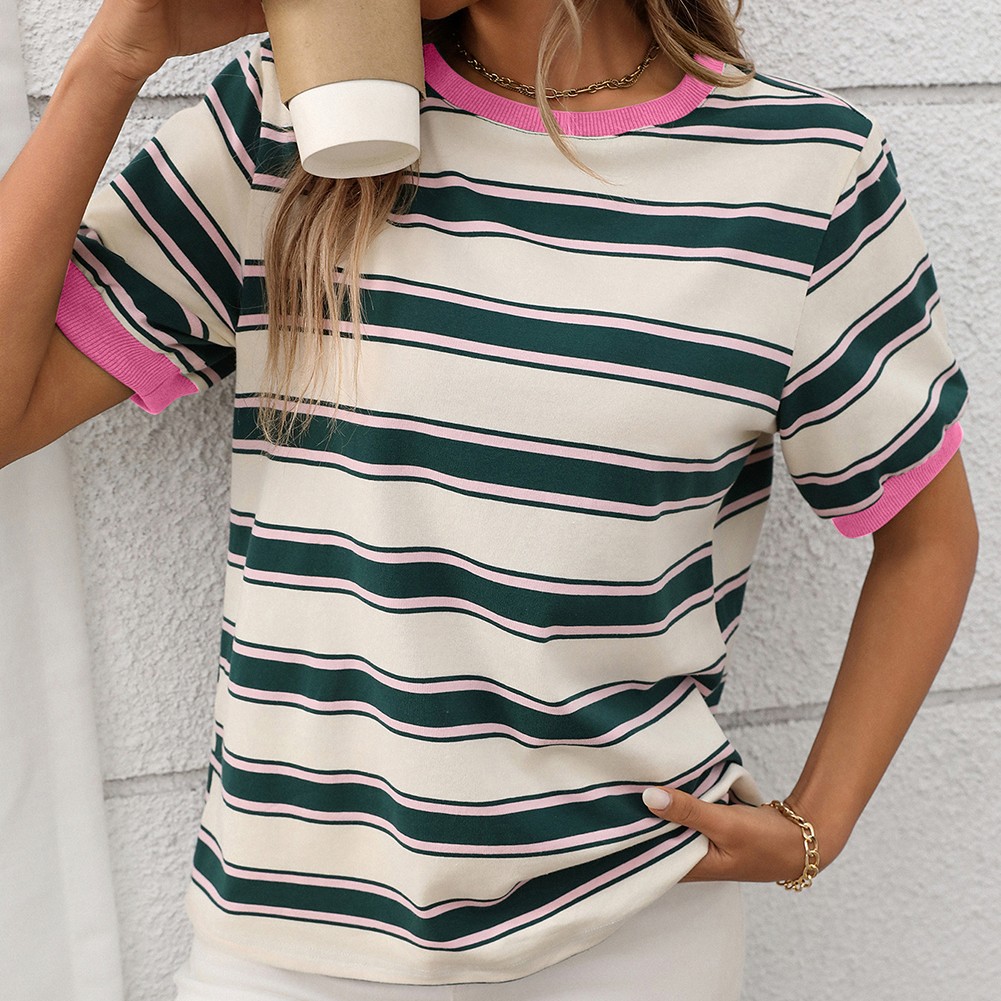 Damen gestreiftes T-Shirt mit kurzen Ärmeln und lockerem Design für den Alltag - Bild 33 von 68