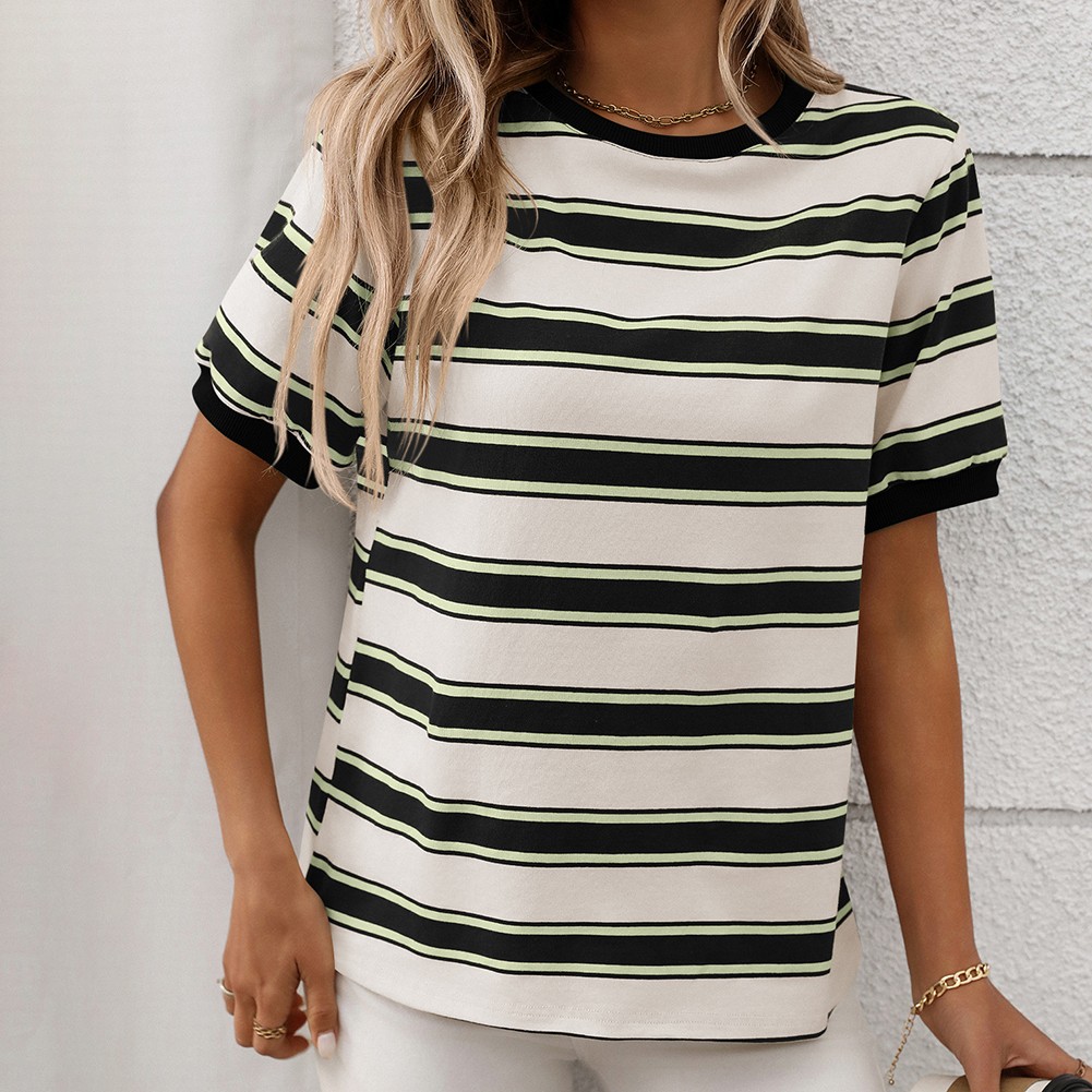 Damen gestreiftes T-Shirt mit kurzen Ärmeln und lockerem Design für den Alltag - Bild 44 von 68