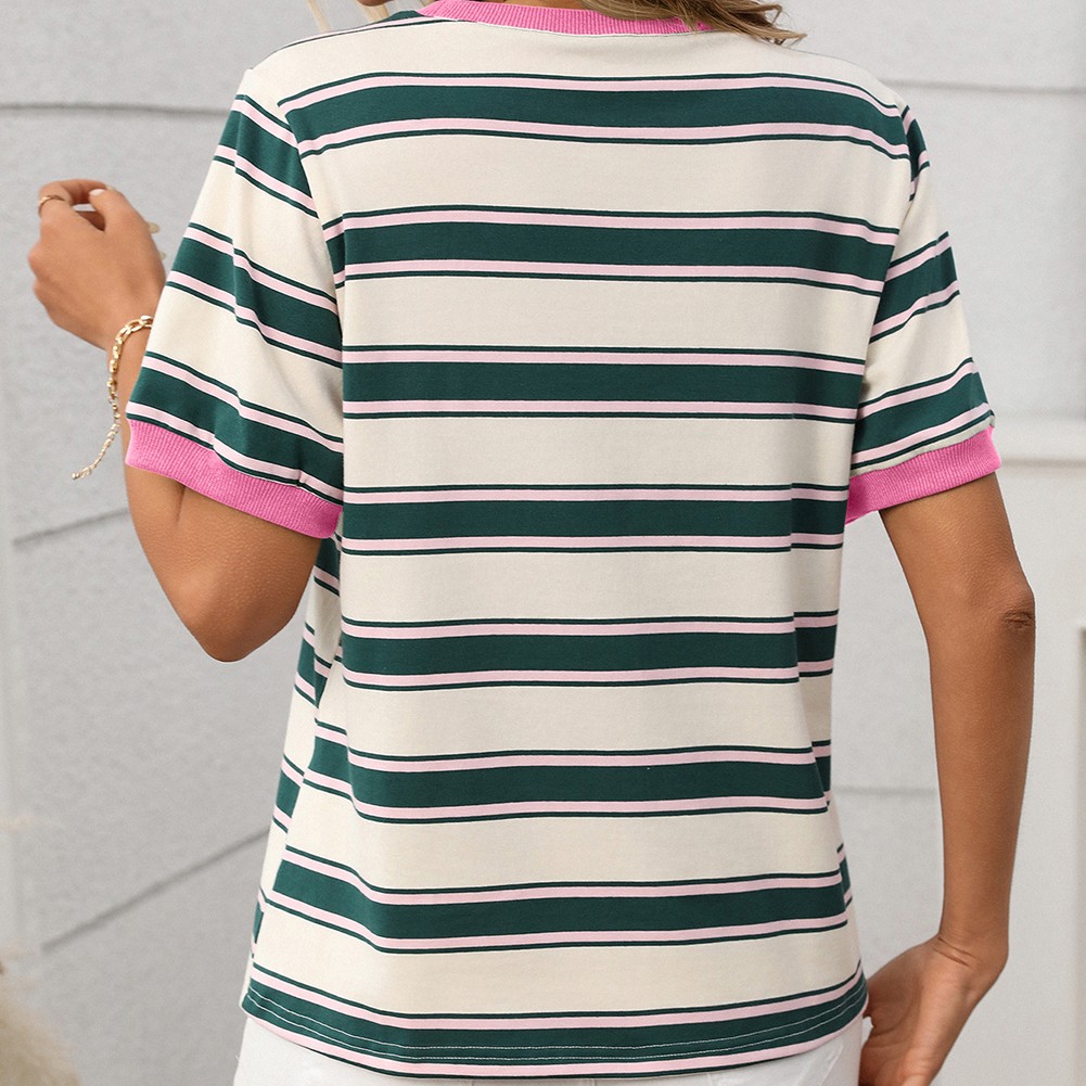 Damen gestreiftes T-Shirt mit kurzen Ärmeln und lockerem Design für den Alltag - Bild 36 von 68