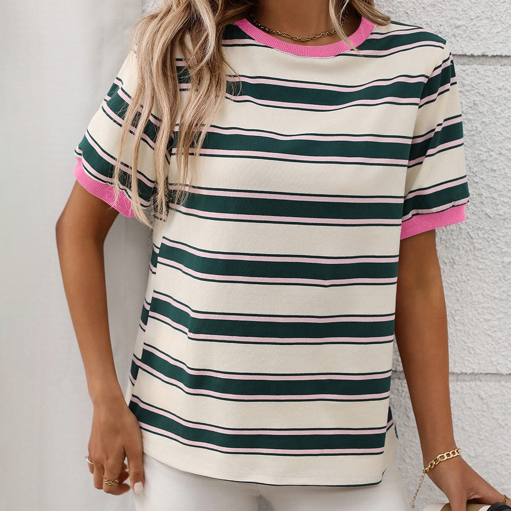 Damen gestreiftes T-Shirt mit kurzen Ärmeln und lockerem Design für den Alltag - Bild 34 von 68
