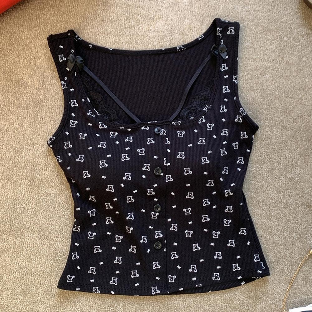 Ladies' Printed Fashionable Casual Lace Patchwork Sleeveless Camisole Vest - Picture 26 of 27