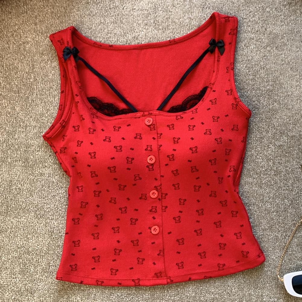 Ladies' Printed Fashionable Casual Lace Patchwork Sleeveless Camisole Vest - Picture 27 of 27