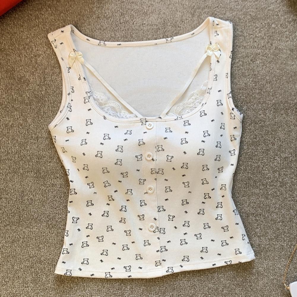 Ladies' Printed Fashionable Casual Lace Patchwork Sleeveless Camisole Vest - Picture 25 of 27