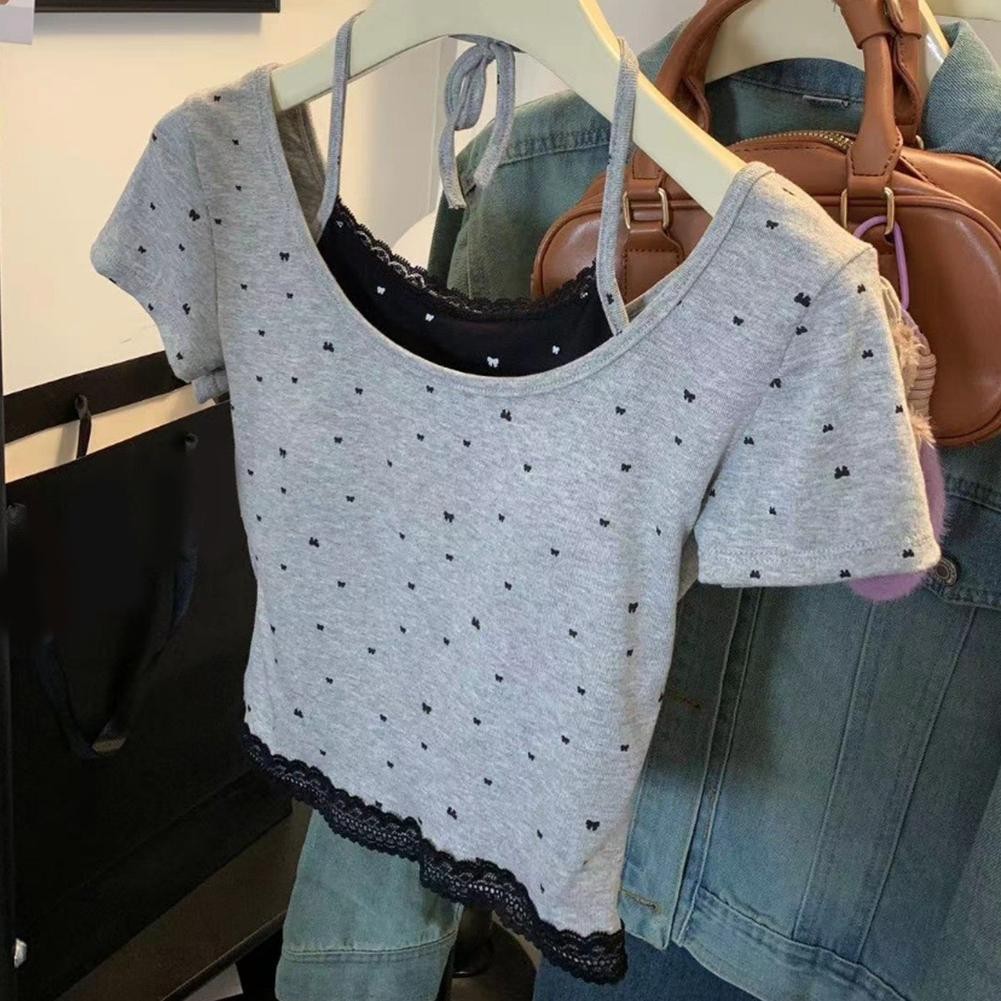 Trendy Ladies' Bow Print Neck Hanging Twopiece Top for Everyday and Party Use - Picture 7 of 8