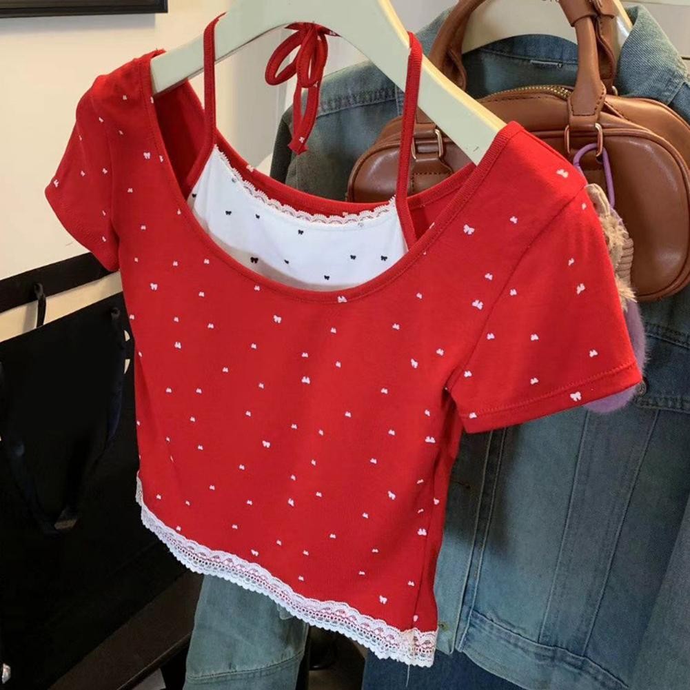 Trendy Ladies' Bow Print Neck Hanging Twopiece Top for Everyday and Party Use - Picture 8 of 8