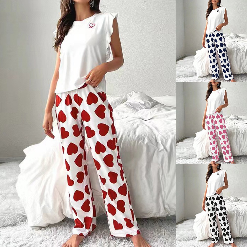 Ensemble Pyjama Femme 2 Pièces avec Imprimé à Nœuds, T-shirt à Manches Courtes et Pantalon Long avec Décoration de Nœud