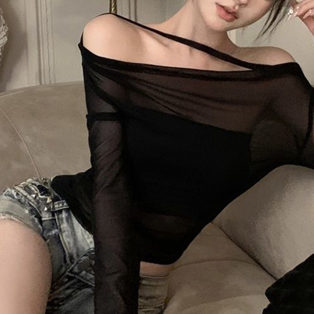 Elegant Women See Through Off Shoulder Slim TShirt Top for Sophisticated Style - Picture 25 of 36