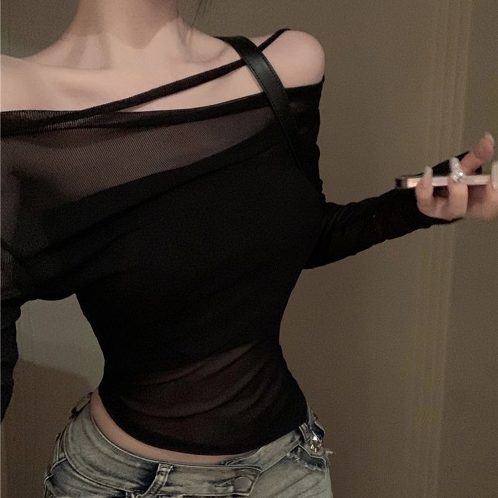 Elegant Women See Through Off Shoulder Slim TShirt Top for Sophisticated Style - Picture 24 of 36
