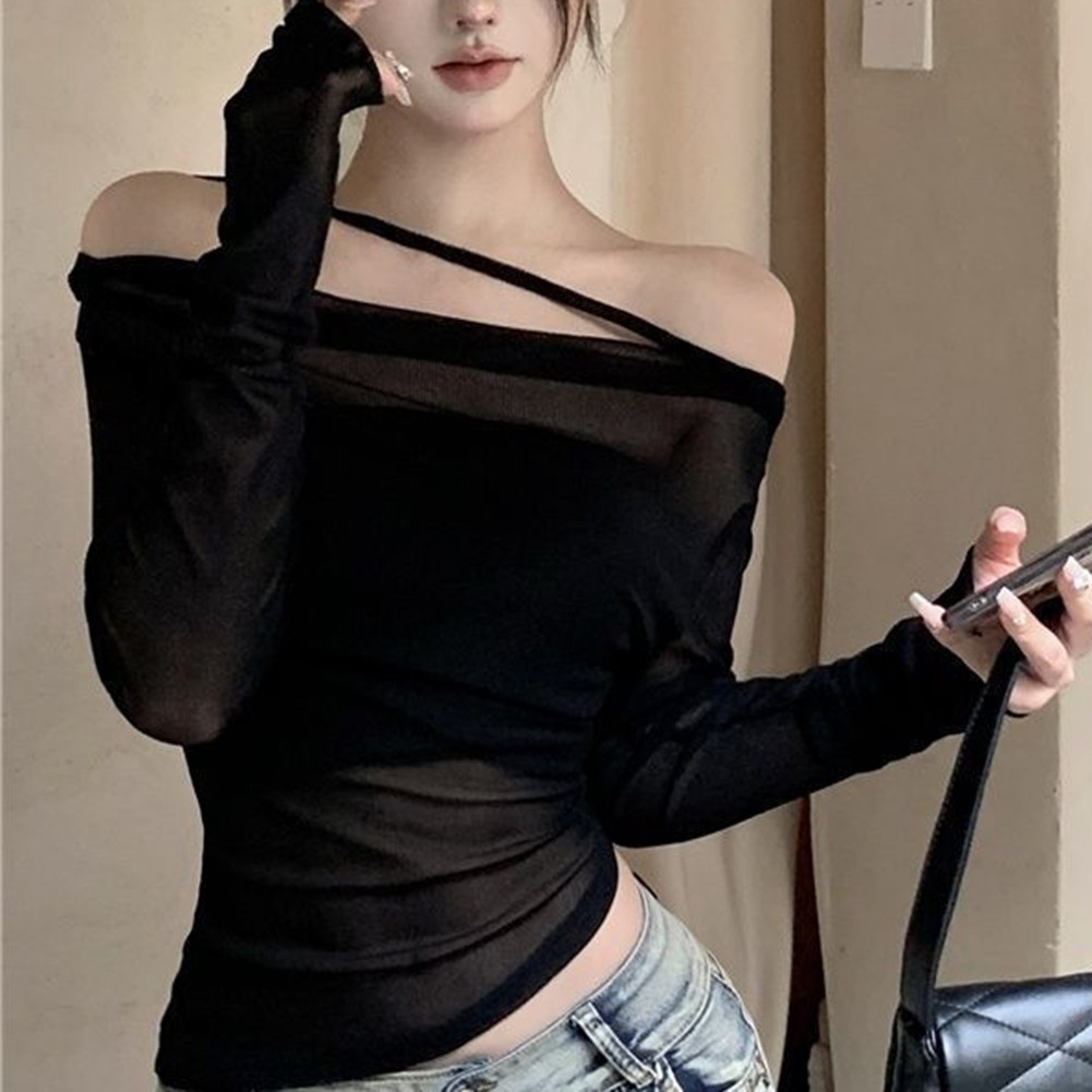 Elegant Women See Through Off Shoulder Slim TShirt Top for Sophisticated Style - Picture 27 of 36