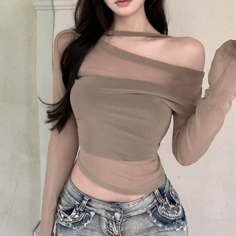 Elegant Women See Through Off Shoulder Slim TShirt Top for Sophisticated Style - Picture 36 of 36