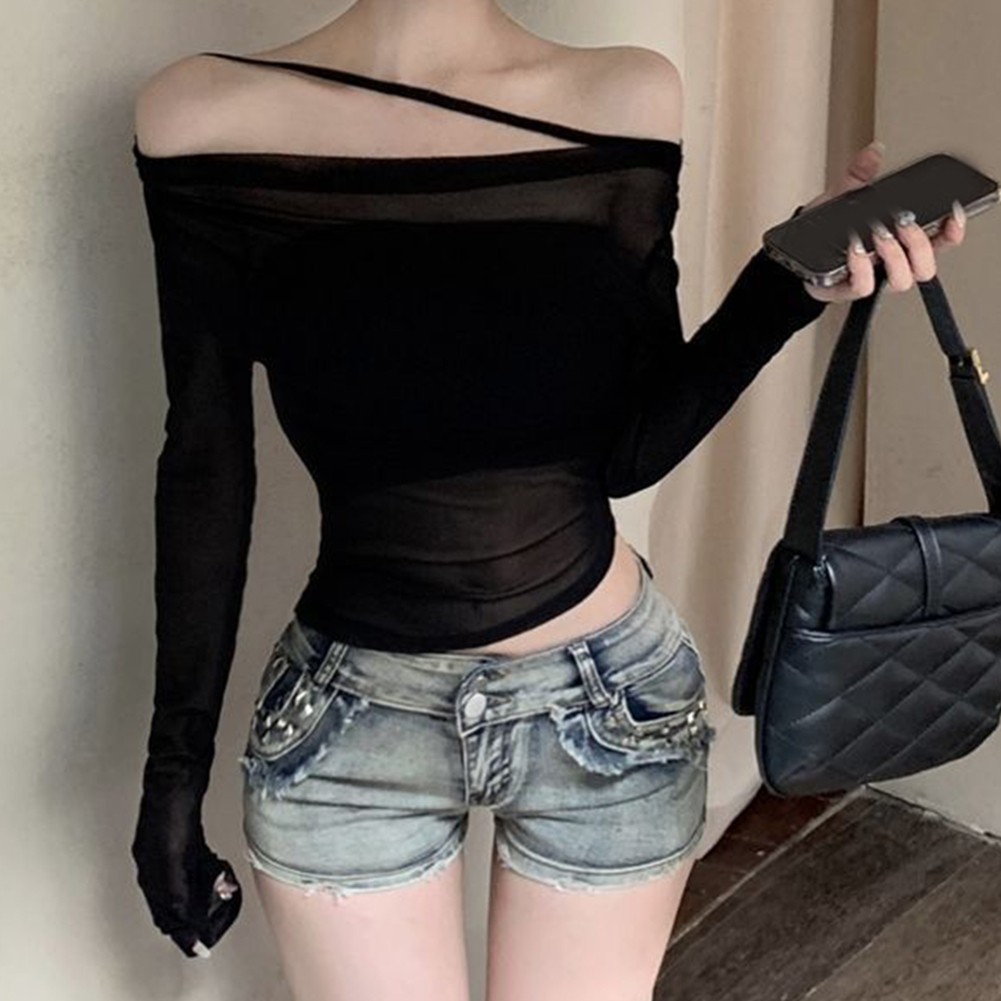 Elegant Women See Through Off Shoulder Slim TShirt Top for Sophisticated Style - Picture 28 of 36