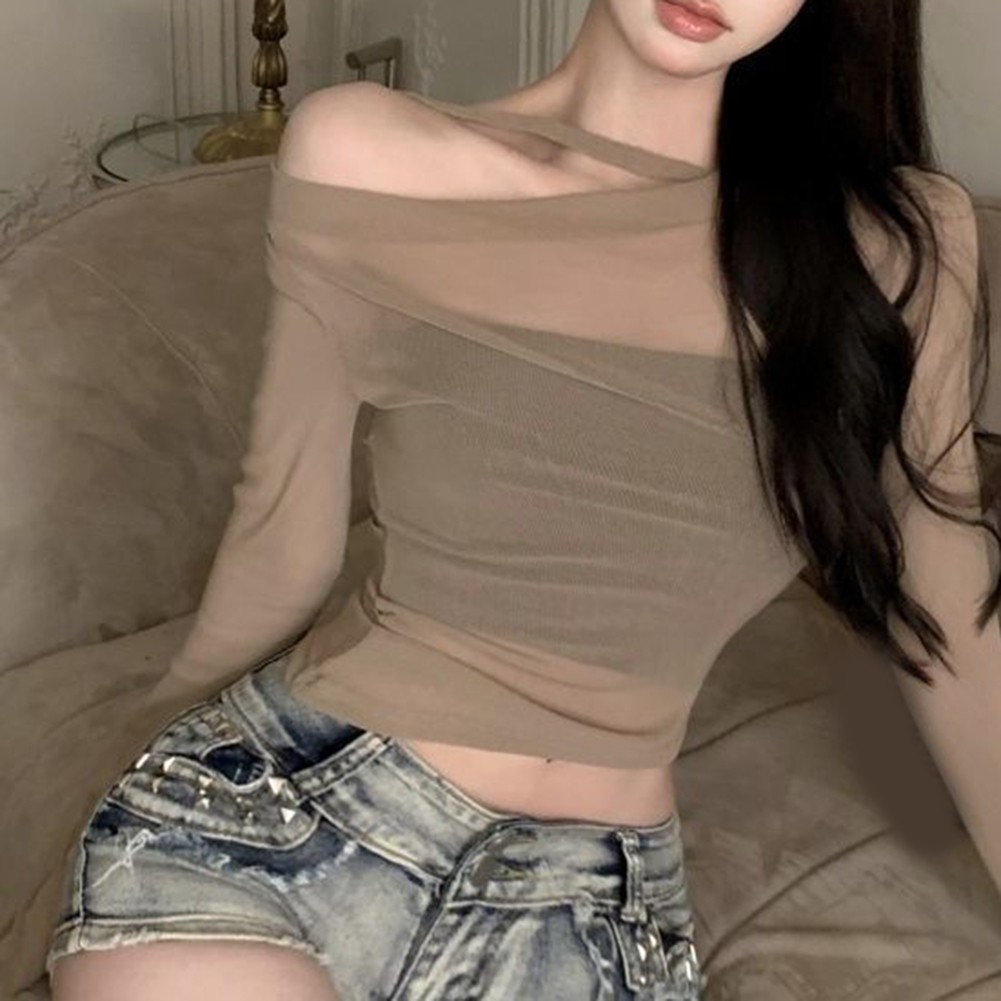 Elegant Women See Through Off Shoulder Slim TShirt Top for Sophisticated Style - Picture 30 of 36