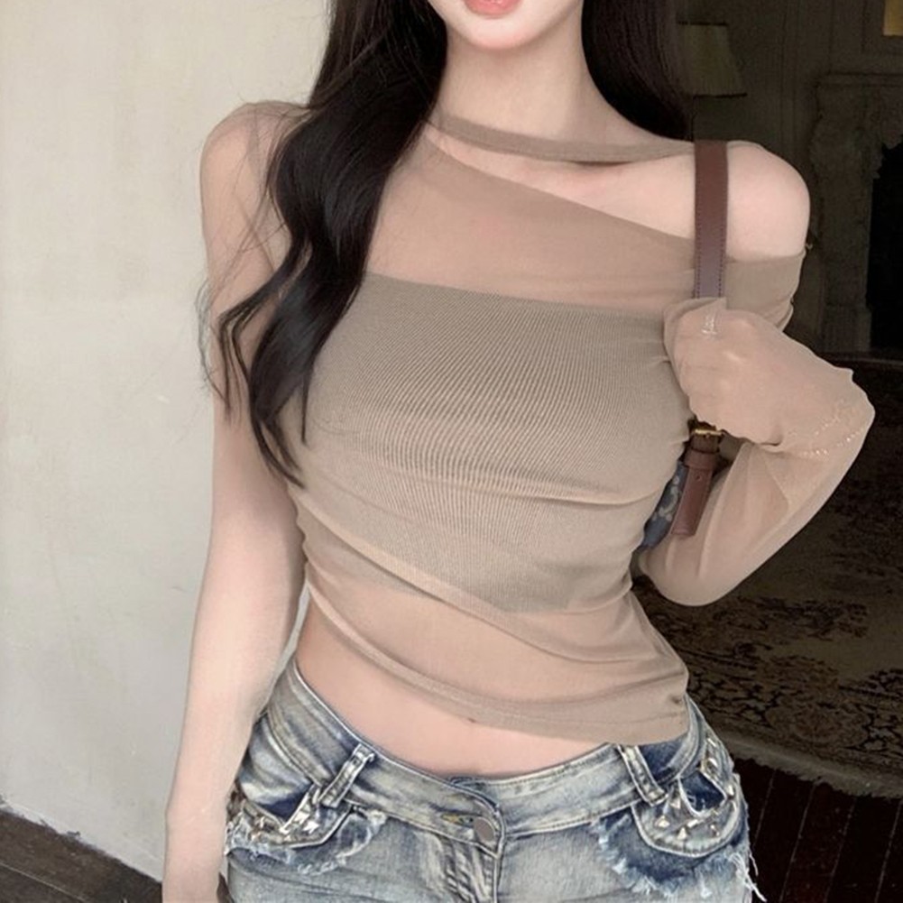 Elegant Women See Through Off Shoulder Slim TShirt Top for Sophisticated Style - Picture 34 of 36