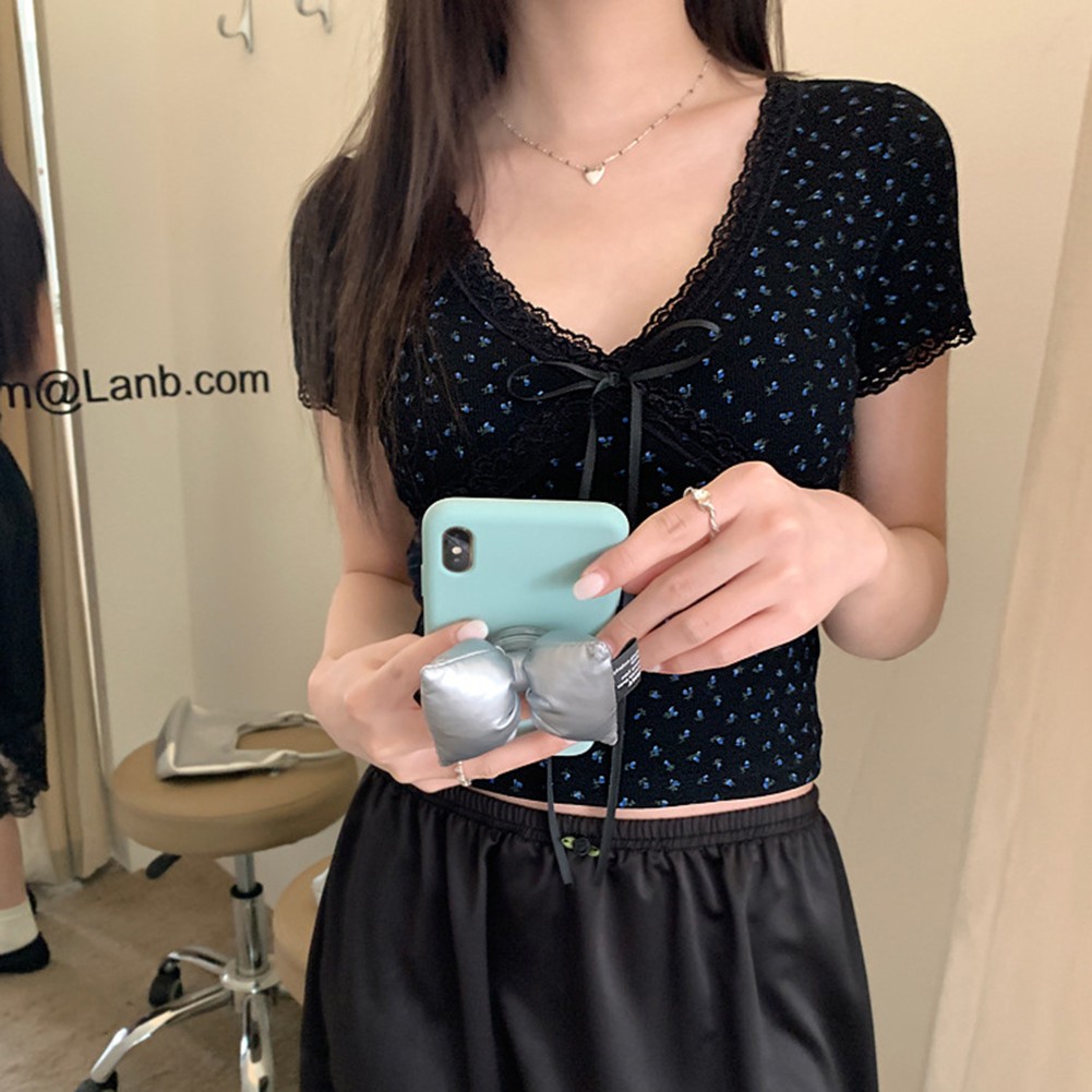Short Sleeve Floral Lace T Shirt for Women Stylish Summer Top with Bow Detail - Picture 16 of 24