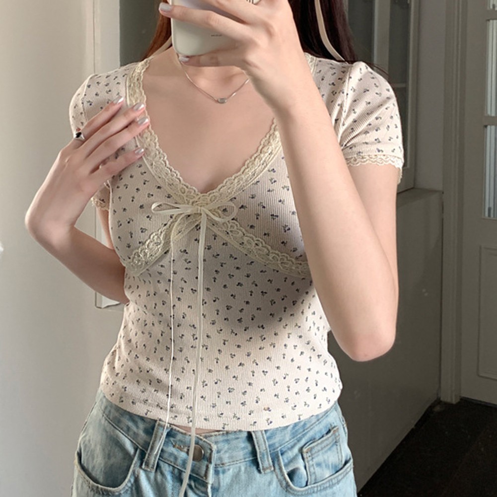 Short Sleeve Floral Lace T Shirt for Women Stylish Summer Top with Bow Detail - Picture 21 of 24