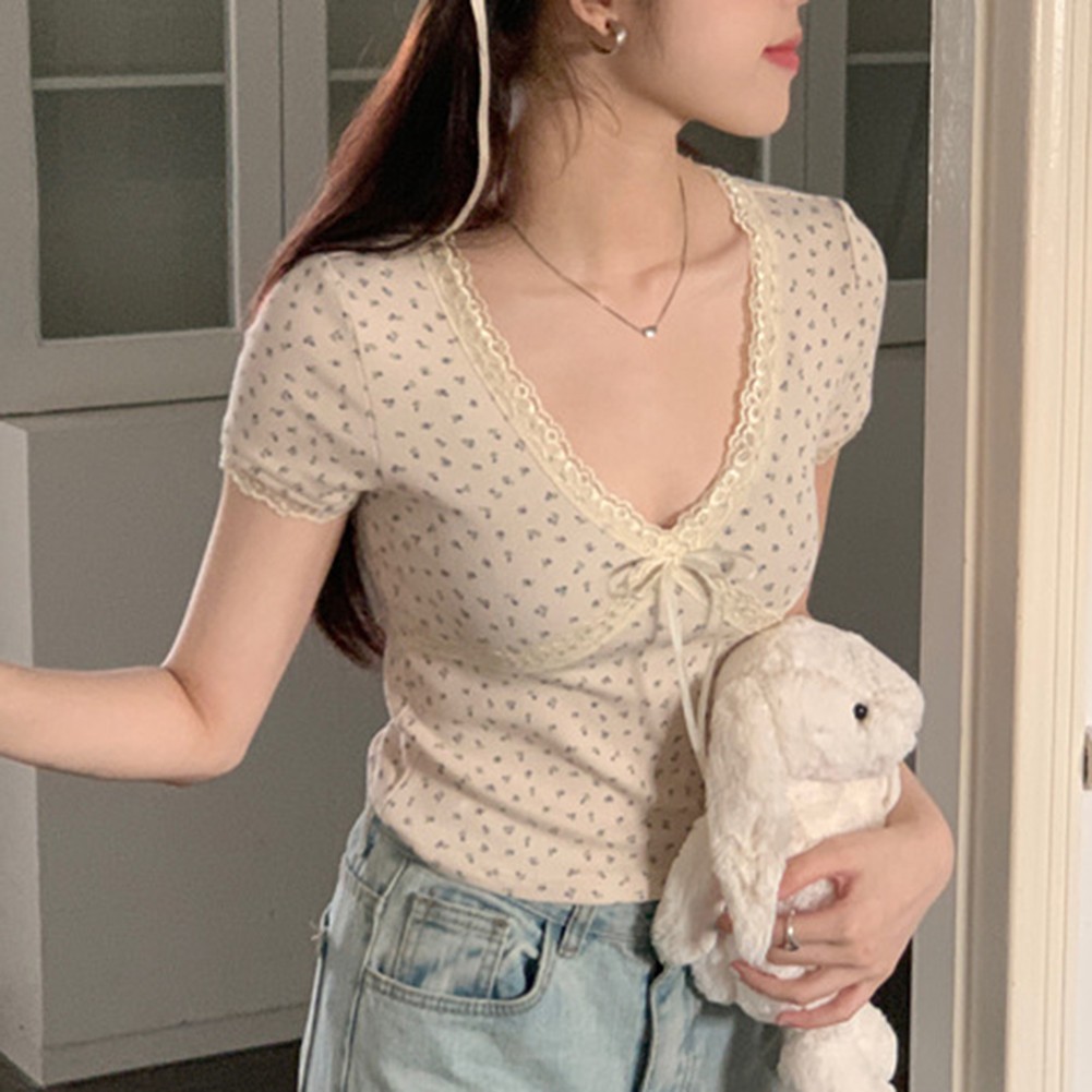 Short Sleeve Floral Lace T Shirt for Women Stylish Summer Top with Bow Detail - Picture 24 of 24