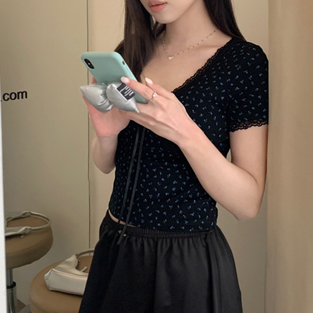 Short Sleeve Floral Lace T Shirt for Women Stylish Summer Top with Bow Detail - Picture 14 of 24