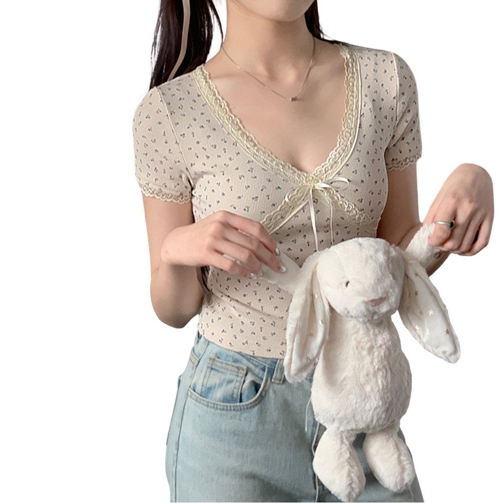 Short Sleeve Floral Lace T Shirt for Women Stylish Summer Top with Bow Detail - Picture 23 of 24