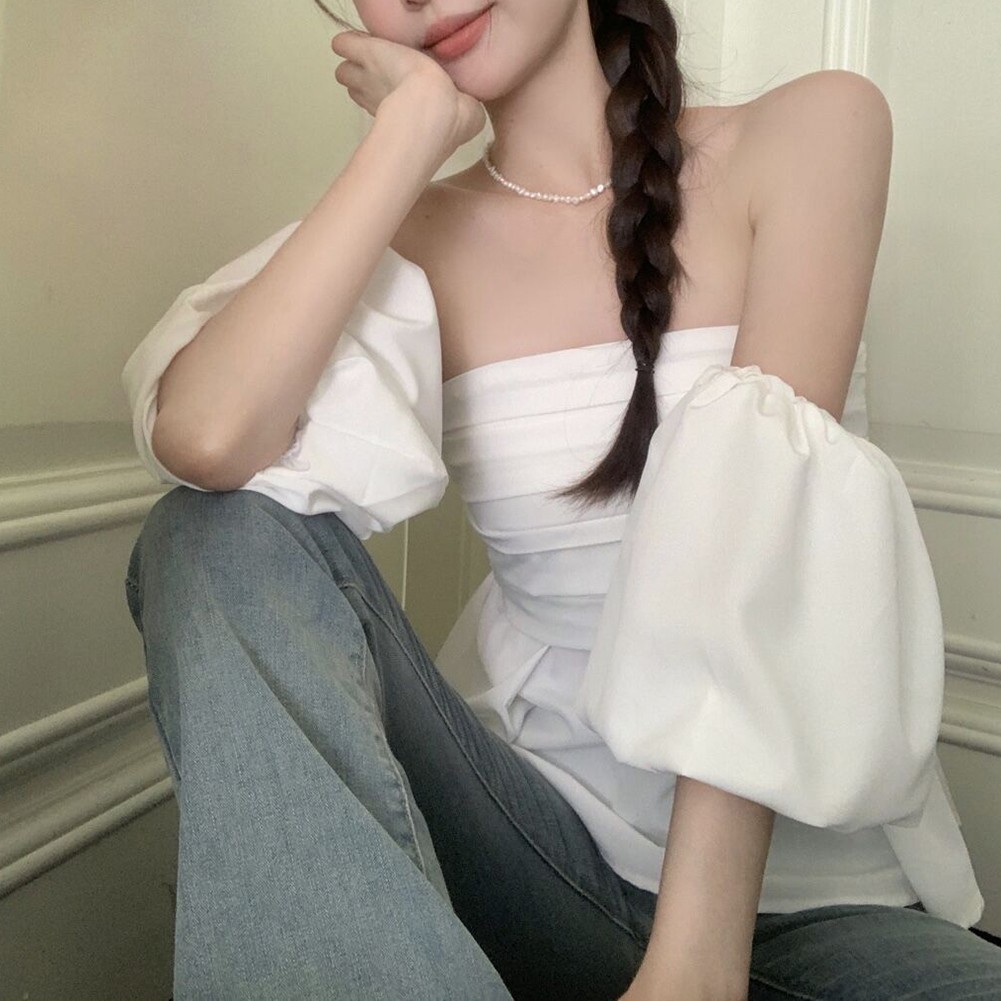 Elegant Womens One Shoulder Pleated Top with Puff Sleeves Summer Style - Picture 17 of 20