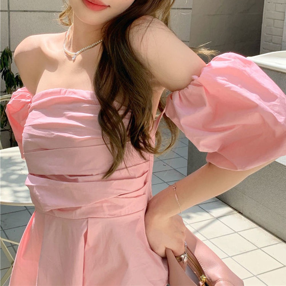 Elegant Womens One Shoulder Pleated Top with Puff Sleeves Summer Style - Picture 20 of 20