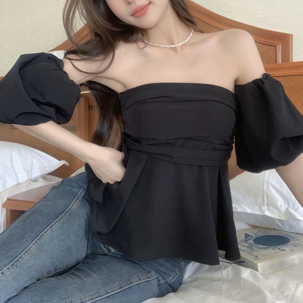 Elegant Womens One Shoulder Pleated Top with Puff Sleeves Summer Style - Picture 12 of 20