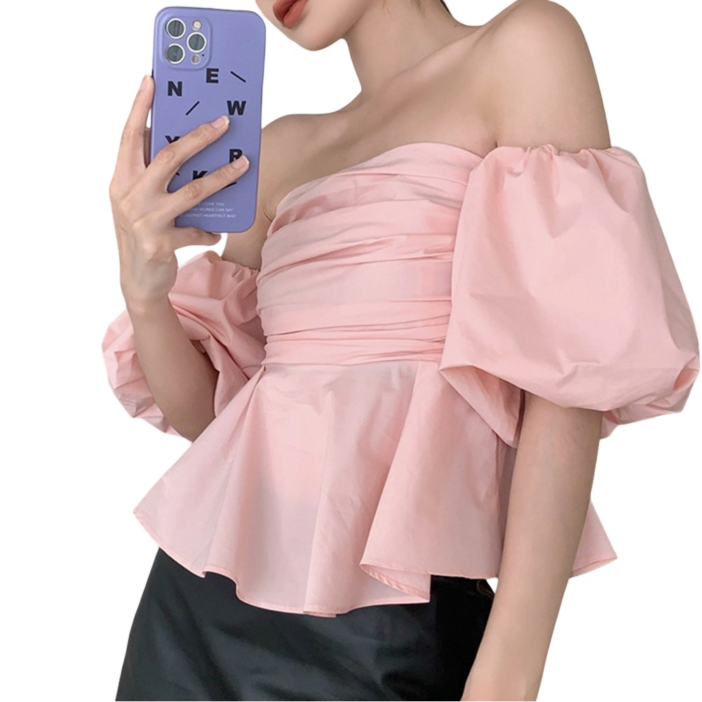 Elegant Womens One Shoulder Pleated Top with Puff Sleeves Summer Style - Picture 19 of 20
