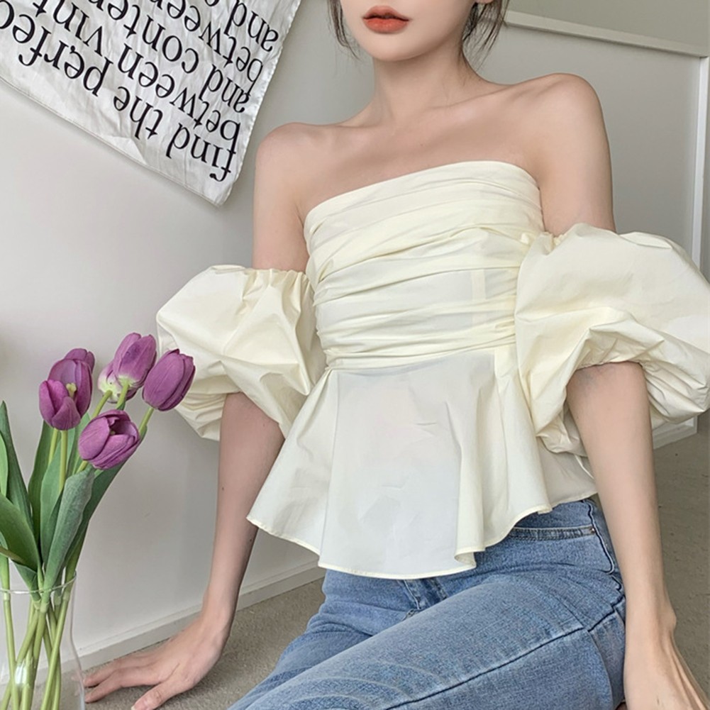 Elegant Womens One Shoulder Pleated Top with Puff Sleeves Summer Style - Picture 15 of 20