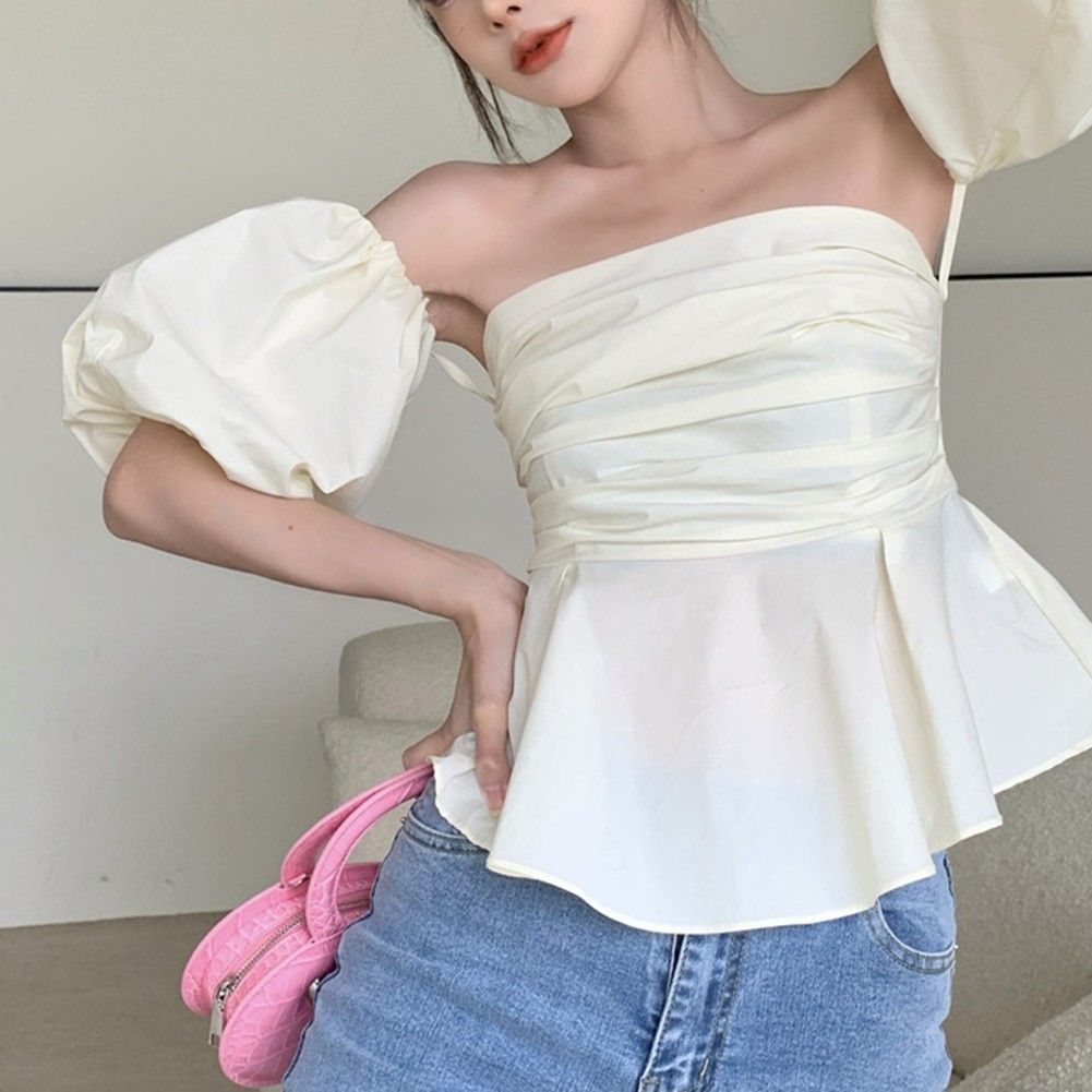 Elegant Womens One Shoulder Pleated Top with Puff Sleeves Summer Style - Picture 14 of 20