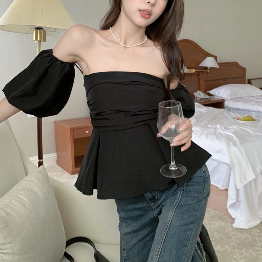 Elegant Womens One Shoulder Pleated Top with Puff Sleeves Summer Style - Picture 13 of 20