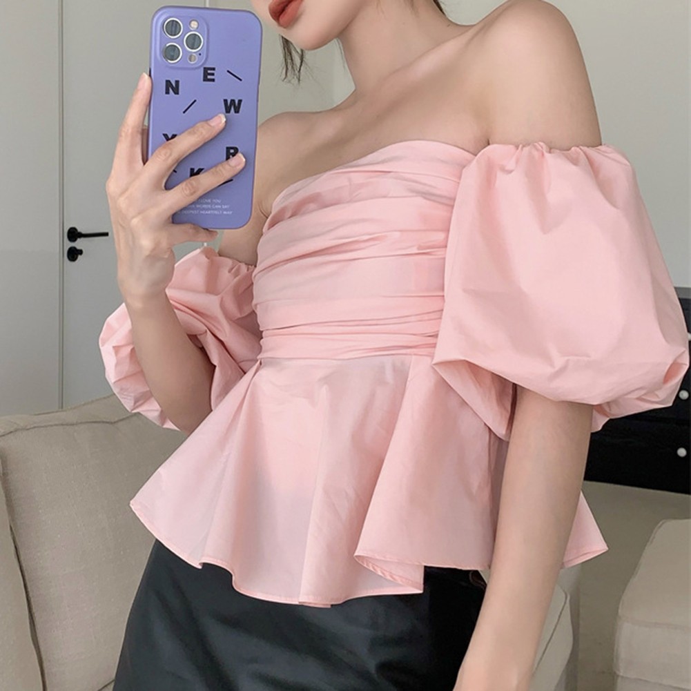 Elegant Womens One Shoulder Pleated Top with Puff Sleeves Summer Style - Picture 18 of 20
