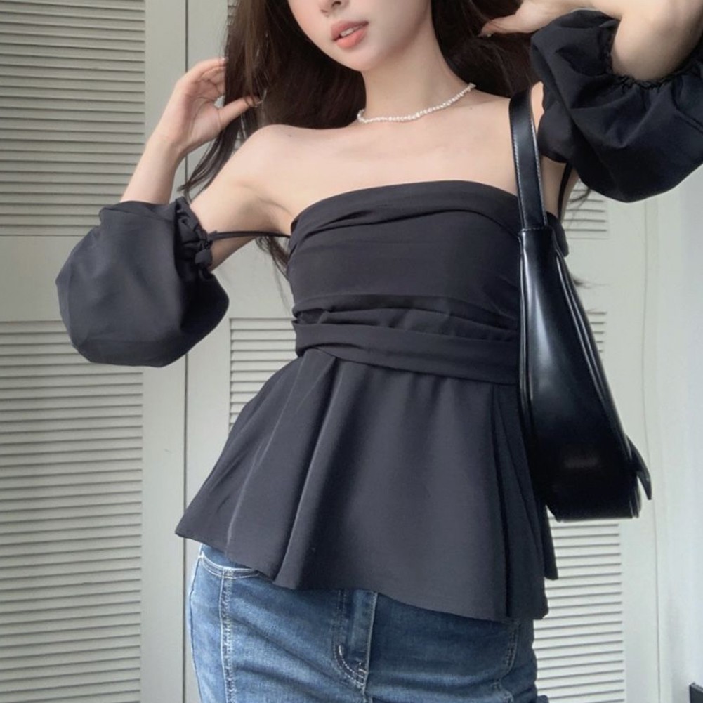 Elegant Womens One Shoulder Pleated Top with Puff Sleeves Summer Style - Picture 11 of 20