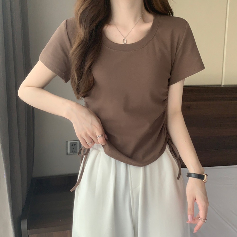 Chic Vintage Women TShirts with Short Sleeves and Adjustable Drawstring - Picture 15 of 24