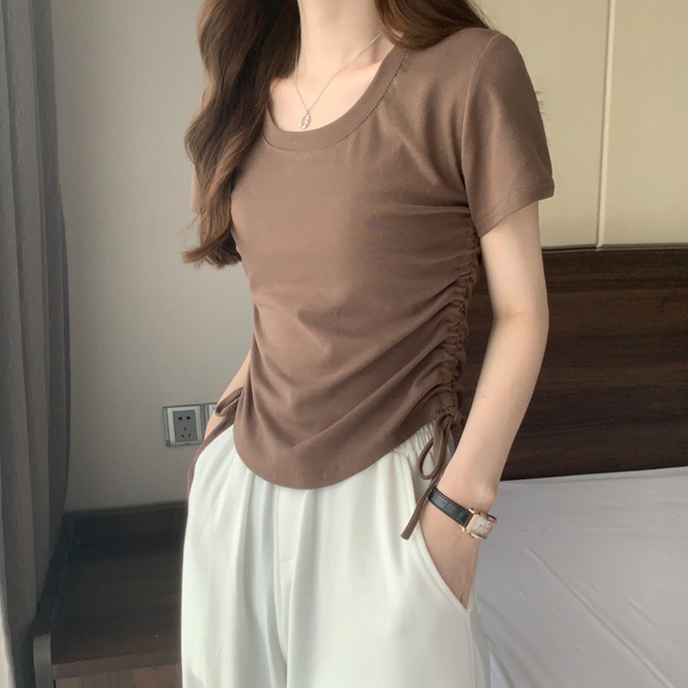 Chic Vintage Women TShirts with Short Sleeves and Adjustable Drawstring - Picture 14 of 24
