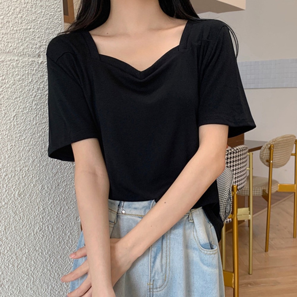 Fashion Women Loose Fit TShirts with Square Neck Short Sleeves for Summer - Picture 14 of 32