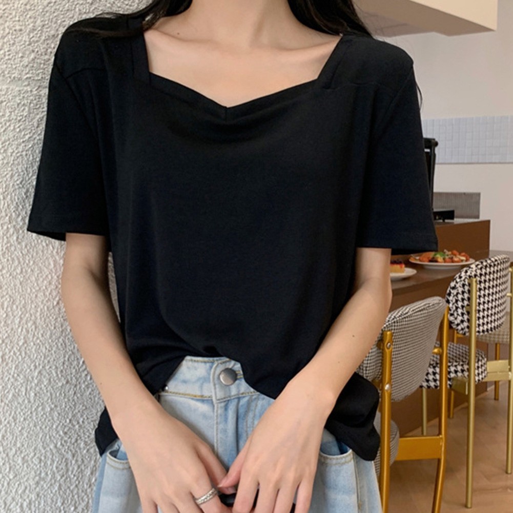 Fashion Women Loose Fit TShirts with Square Neck Short Sleeves for Summer - Picture 13 of 32
