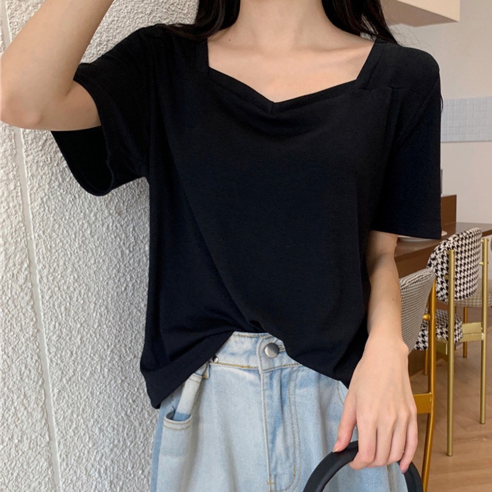 Fashion Women Loose Fit TShirts with Square Neck Short Sleeves for Summer - Picture 15 of 32