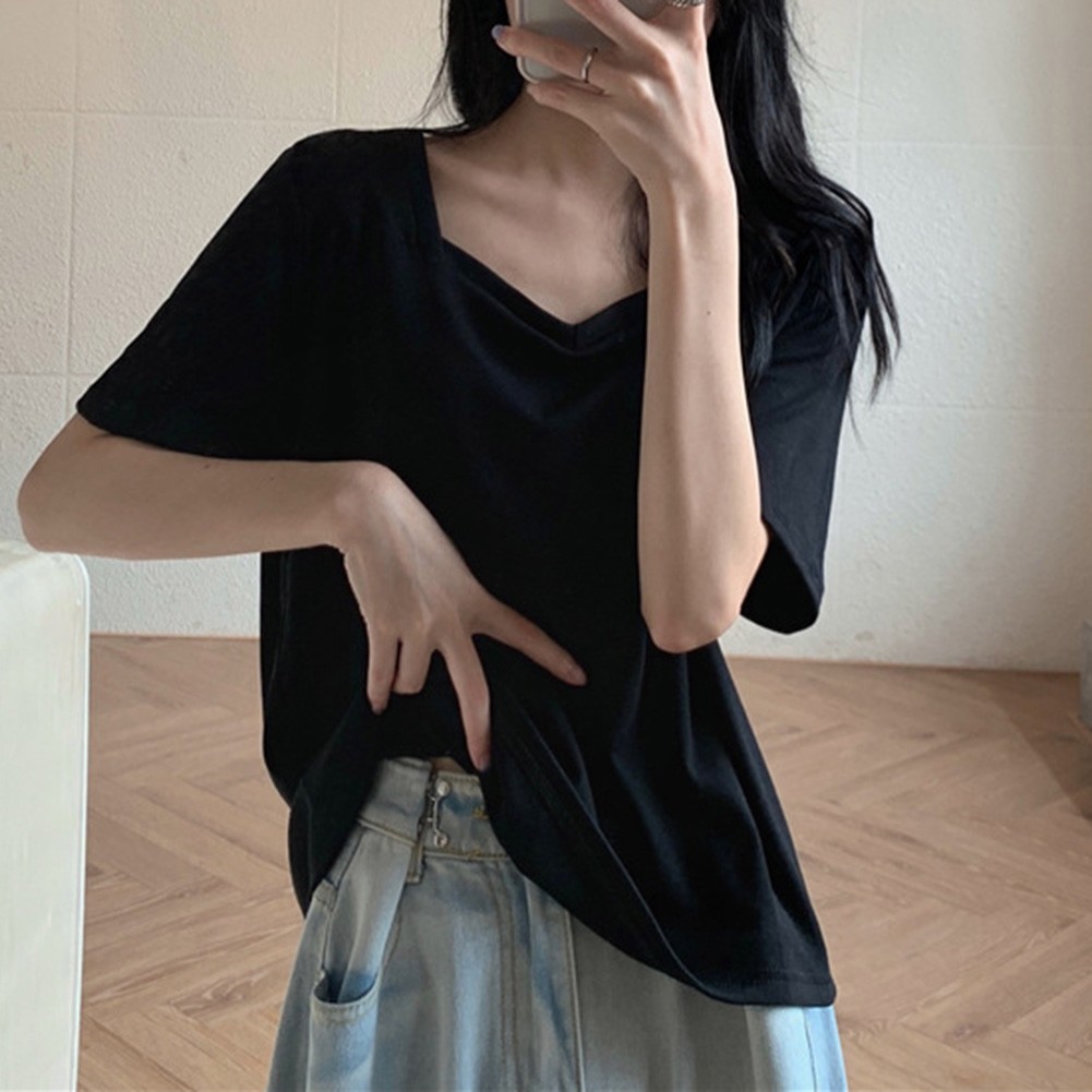 Fashion Women Loose Fit TShirts with Square Neck Short Sleeves for Summer - Picture 17 of 32