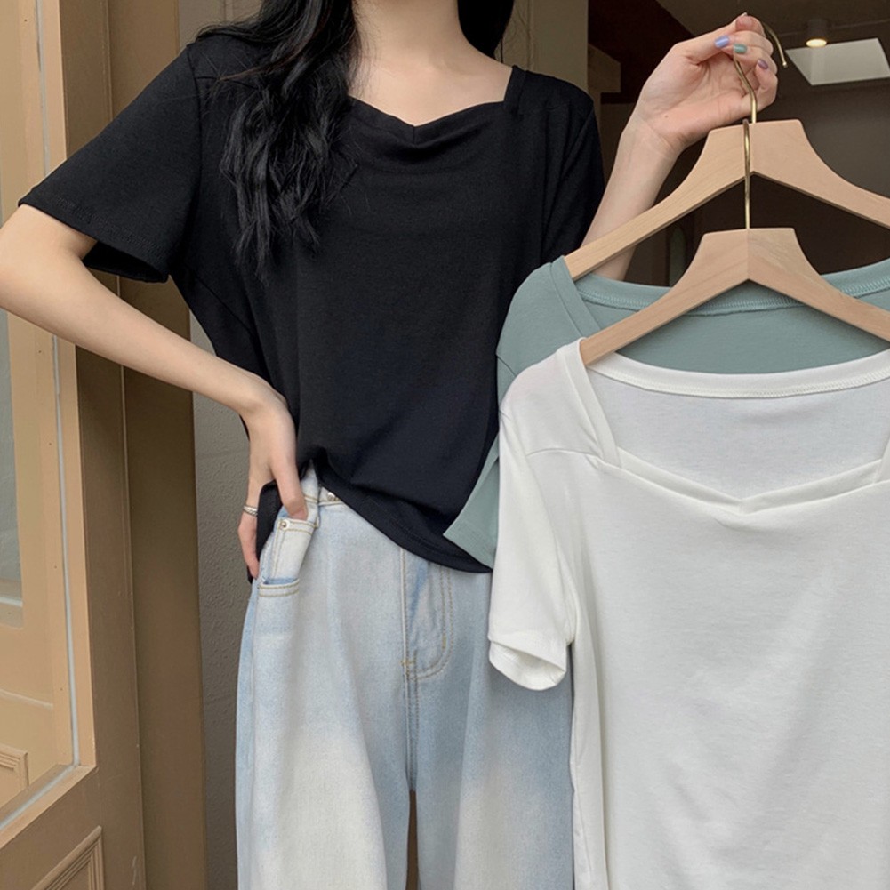 Fashion Women Loose Fit TShirts with Square Neck Short Sleeves for Summer - Picture 16 of 32