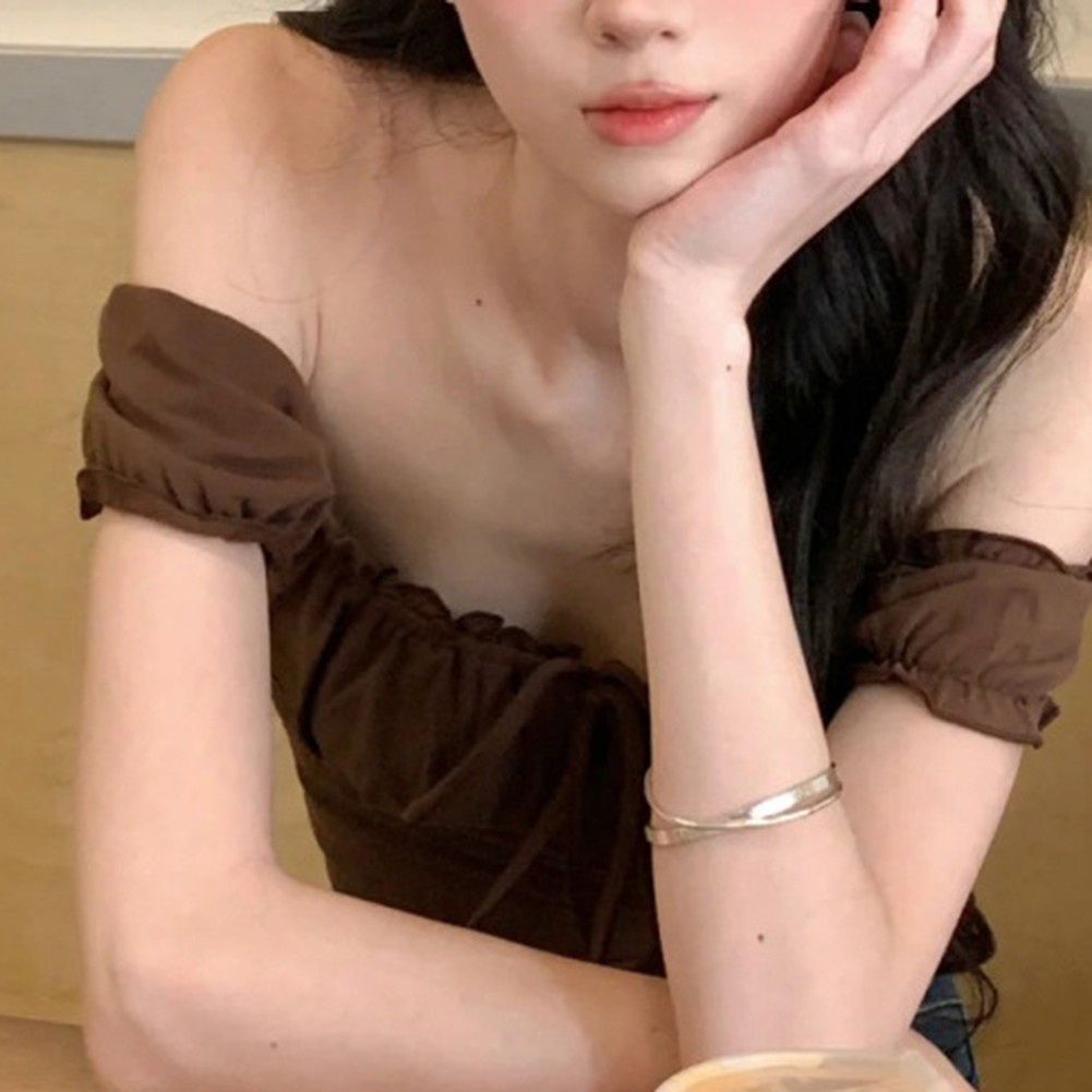 Women Solid Color Off Shoulder Short Sleeve T Shirts for Summer Fashion - Picture 15 of 36
