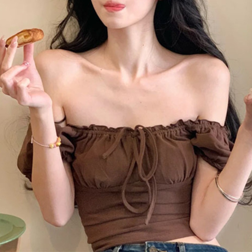 Women Solid Color Off Shoulder Short Sleeve T Shirts for Summer Fashion - Picture 18 of 36