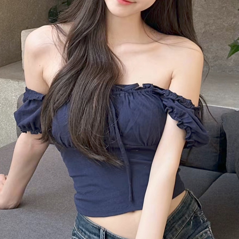 Fashionable Off Shoulder Puff Sleeve T Shirts for Women Perfect for Holidays - Picture 16 of 28