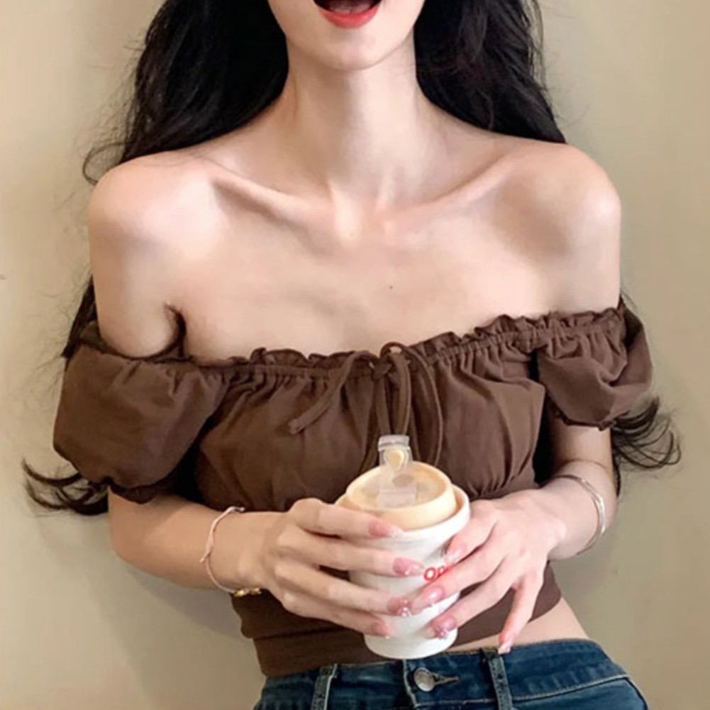 Women Solid Color Off Shoulder Short Sleeve T Shirts for Summer Fashion - Picture 14 of 36