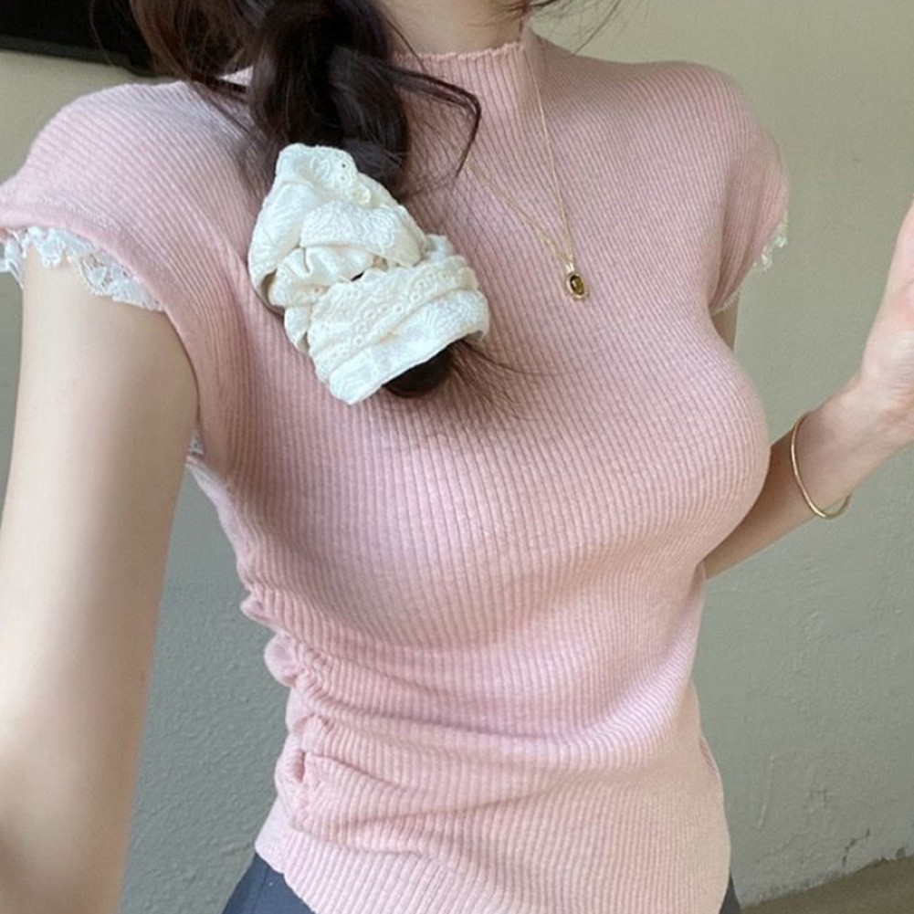 Women Summer Short Sleeve Knit TShirt with Lace Splice for Casual Wear - Picture 14 of 15