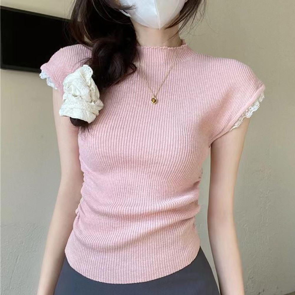 Women Summer Short Sleeve Knit TShirt with Lace Splice for Casual Wear - Picture 13 of 15