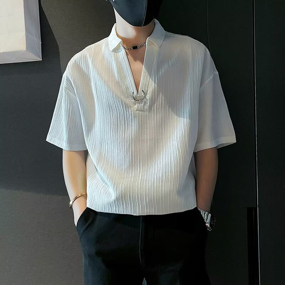 Men Lapel V-neck Loose Casual T-Shirts Handsome Five-point Short-sleeved Top Tee - Picture 14 of 22