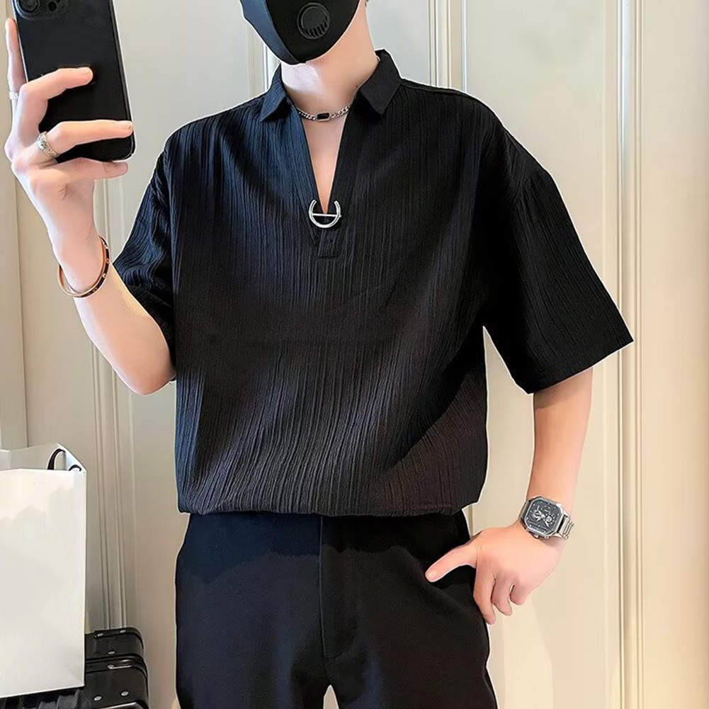 Men Lapel V-neck Loose Casual T-Shirts Handsome Five-point Short-sleeved Top Tee - Picture 17 of 22