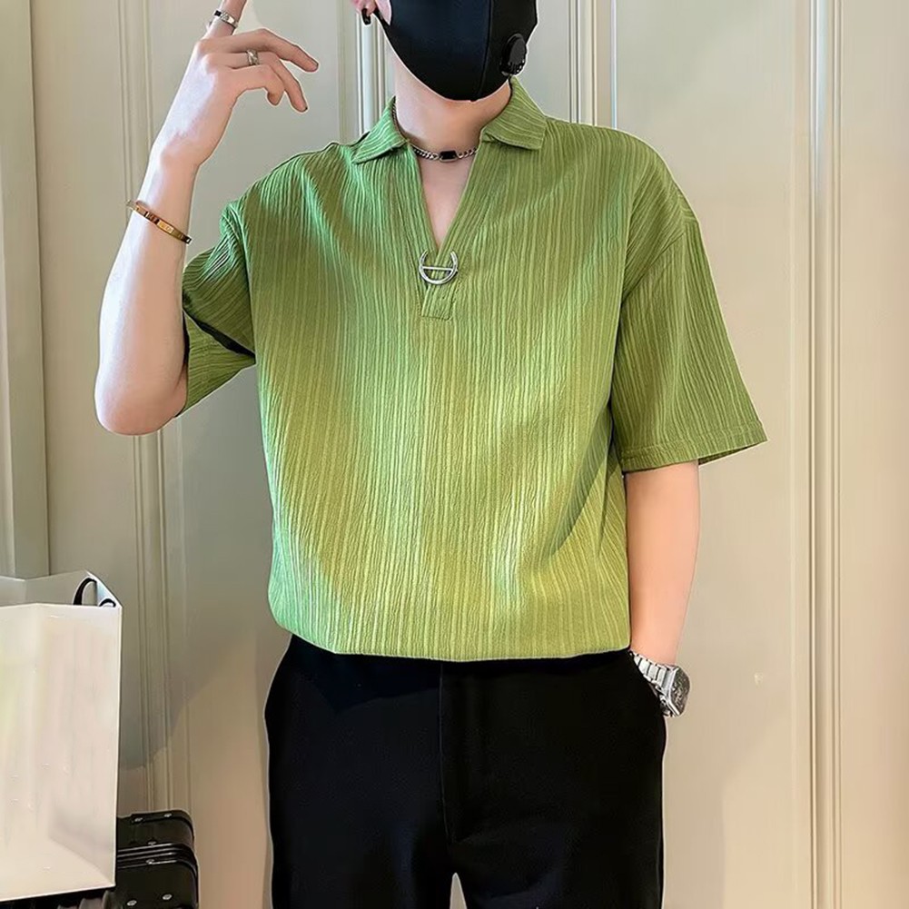 Men Lapel V-neck Loose Casual T-Shirts Handsome Five-point Short-sleeved Top Tee - Picture 22 of 22