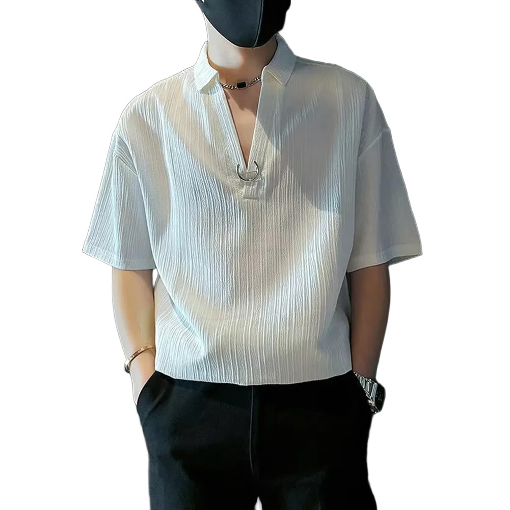 Men Lapel V-neck Loose Casual T-Shirts Handsome Five-point Short-sleeved Top Tee - Picture 15 of 22